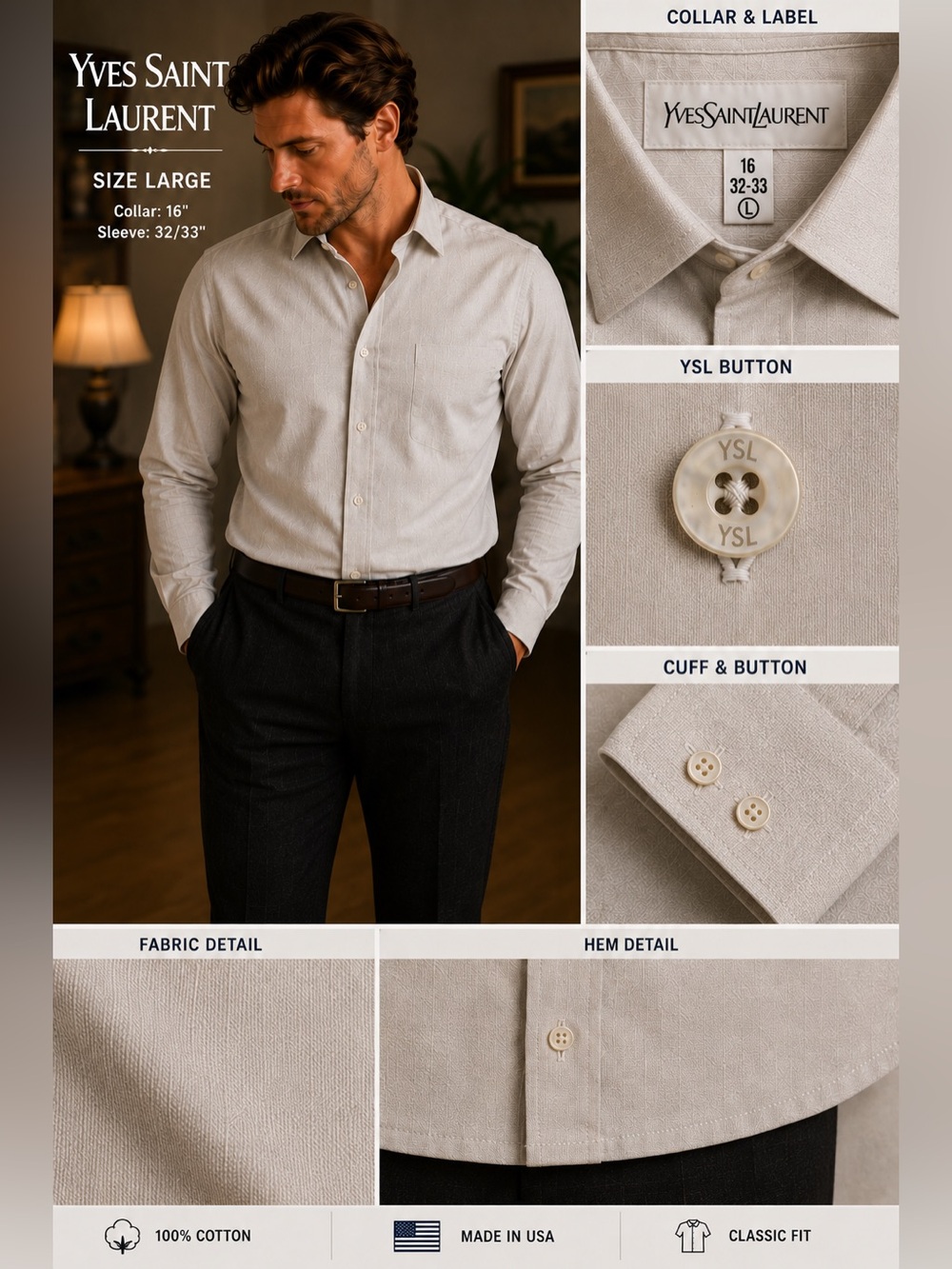 16 - (L) 32-33 - Yves St Laurent - Gray Button-Up Shirt with Branded Button
